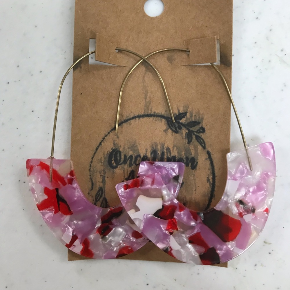 ACRYLIC PINK,RED AND WHITE OBLONG HALF HOOP EARRINGS